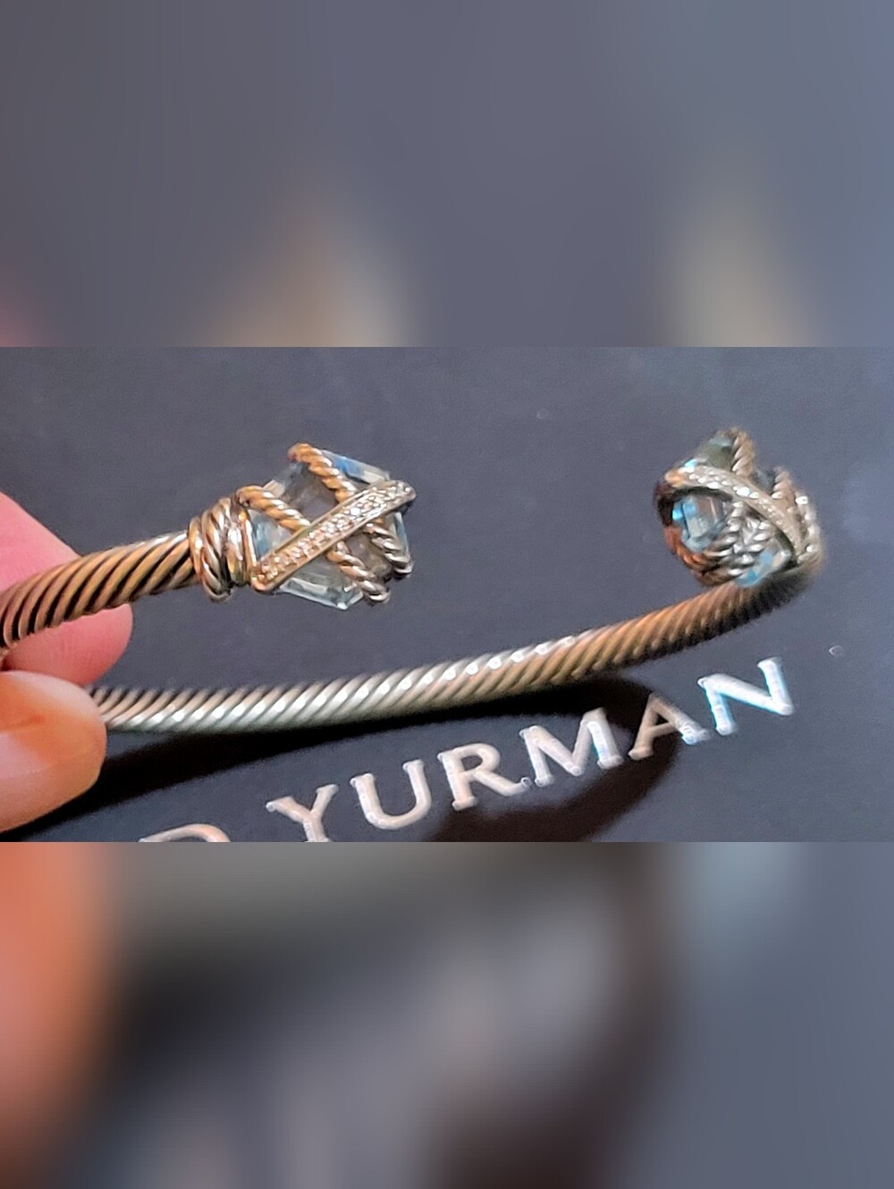 David Yurman Blue Topaz and Pave Diamond 4 mm Cable Wire Bracelet - Picture 7 of 16